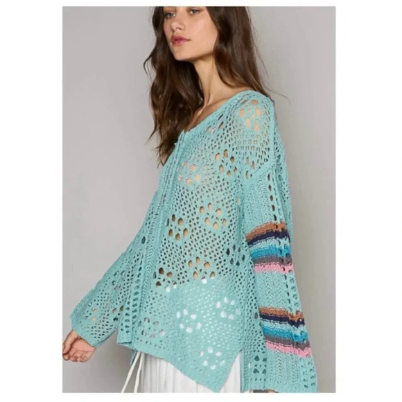 POL Aqua Crochet Knit Sweater | Boho Oversized Vintage Pullover Top - Picture 5 of 5